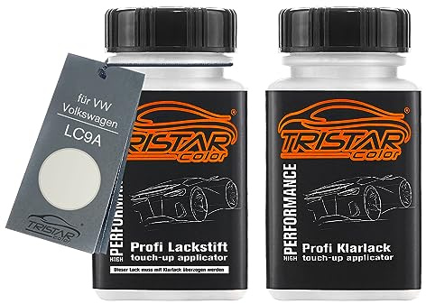 TRISTARcolor Autolack Lackstift für VW/Volkswagen LC9A Pure White +1K | Oryxweiss, Set aus Basislack + Klarlack, Lackfläschchen mit Pinsel, je 50ml