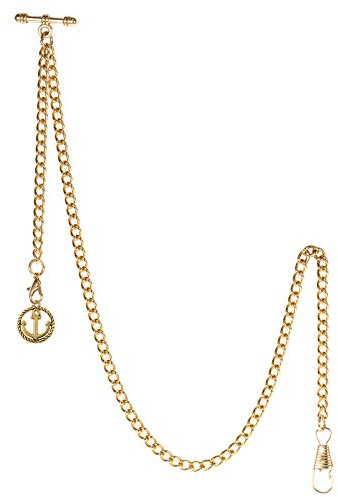 TREEWETO Albert - Orologio da taschino da uomo, con catena a maglia barbazzale, 2 ganci, con ciondolo a forma di ancora anticato, design con barra a T, Oro, Antico
