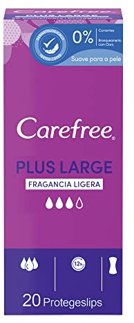 Carefree Plus Large de Fragancia Ligera Protegeslips (20 unidades), protege slips absorbentes y transpirables de uso diario, protege slips extra largos con protección contra el mal olor