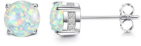 Adramata Opal-Ohrstecker - 18 Karat Weißgold Vergoldet, Edelstahl, Rundschliff, Künstlicher Weißer Opal für Damen, 6 mm