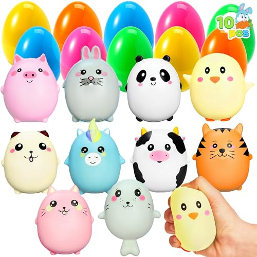 JOYIN 10 Jumbo Ostereier gefüllt mit niedlichen Tier Squishy Toys für Ostereierjagd, Osterkorb Füller/Füller, Füllung Leckereien, Party Favor,