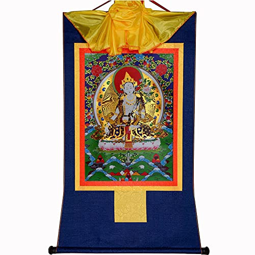 Gandhanra Thangka Tibetischer Wandbehang,Weiße Tara Thangka,Heißgeprägter Buddha Wandteppich für Zen Wohnkultur, Meditation, Spirituelle Entspannung und Ruhe