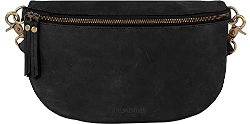 HOLZRICHTER Berlin - Große Bauchtasche aus Leder für Damen, 14 x 28 x 7 cm, Vintage Gürteltasche, Handgefertigte Hüfttasche, Premium Accessoire in Schwarz, Braun, No 2-2 (Schwarz-Anthrazit)