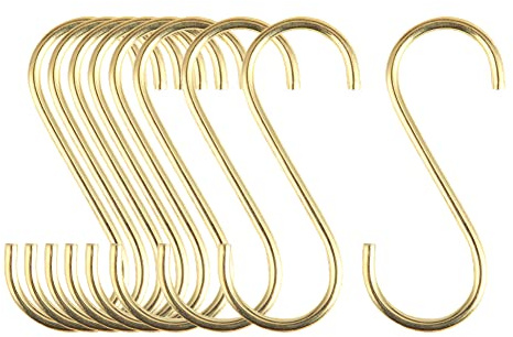 Mewuthede Brass S Hooks S-Shaped Hook, 10 Pcs Heavy Duty S Hooks for Hanging Kitchen Pots and Pans, Office, Bathroom, Closet, Outdoor, Widely Used