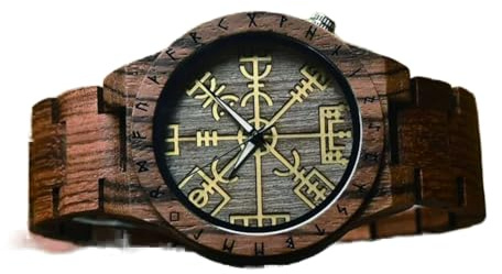 ZFSBRTL Wikinger Schmuck Herrenuhr,Gravuruhr Holzuhr, Runen Vegvisir Helm of Awe, Wikinger Armband | 1. Jahrestag Geschenk, Geburtstagsgeschenk