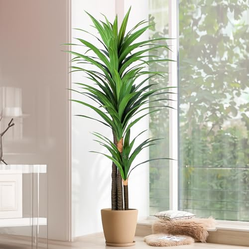 Árbol de yuca artificial, planta Dracaena de 6.5 pies, plantas de seda de suelo, plantas altas Aritificiales, decoración del hogar para sala de estar, dormitorio, jardín, interiores y exteriores