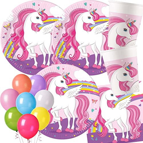 Carpeta 37-teiliges Party-Set * Rainbow Unicorn * mit Teller + Becher + Servietten + Deko | Einhorn Mädchen Regenbogen Rosa Kindergeburtstag Geburtstag Party Luftballons