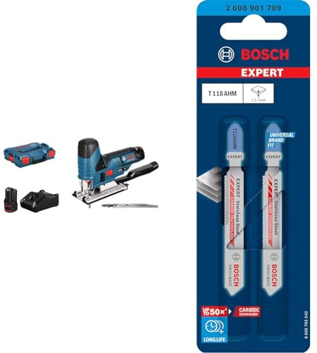 Bosch Professional 12V System Akku Stichsäge GST 12V-70 (inkl. 2x 3.0Ah Akkus und Ladegerät, in L-BOXX)+3x Expert ‘Stainless Steel’ T 118 AHM Stichsägeblatt (für Edelstahlbleche, Länge 83 mm, Zubehör)