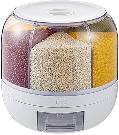 Rice Storage Container 360° Rotating Food Dispenser,7 pounds Large Capacity 6-Grid Rice Bucket Rotating Food Dispenser,Visible and Round Rice Storage Bucket for Grains, Snacks, Candy, Coffee Beans, Do