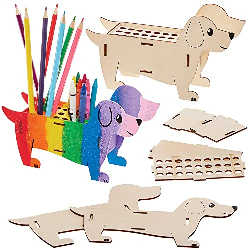 Baker Ross FX689 Wursthund - 3er-Packung Stifte- und Buntstifthalter aus Holz, Holzbastelsets für Kinder