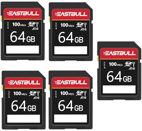 Paquete de 5 tarjetas SD de 64 GB EASTBULL Clase 10 U1 V30 de alta velocidad de 100 MB/s de lectura SDXC de alta velocidad, paquete de 5 unidades para cámara, video Full HD, con 5 mini fundas (64 GB,