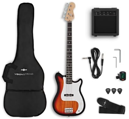 VISIONSTRING Guitarra Bajo Eléctrico y Kit de Amplificador para Adultos y Principiantes Full Size Bajos sunburst