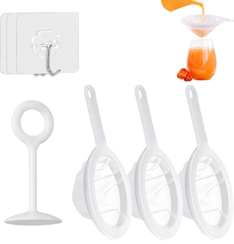XoeLLe Sieb Fein, 3 Stück Feines Sieb Mit Griff 100/200/400 Mesh Passiersieb Küche Netzsieb Ultrafeines Trichterfilte Haushaltssieb Handsieb für Saft, Milch, Kaffee (mit Quetschstab und 3 Haken)