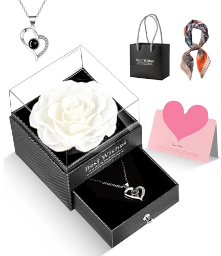 GOICC Rosa Eterna Natural Preservada Día de la Madre Regalos Originales con Collar para Mujer Mamá Abuela Flor Eterna para Mujer Novia Pareja para San Valentin Navidad Cumpleaños Aniversario(Blanco)