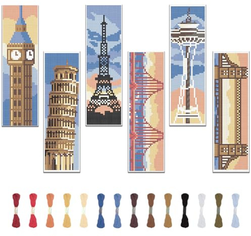 FREEBLOSS 6 Set Lesezeichen Kreuzstich Sets, Stich Lesezeichen Kreuzstich Sets Mit Anleitung, Strand Sonnenuntergang Muster, Cross Stitch Set, Lesezeichen Herstellungsset als Geschenk, 6x20cm