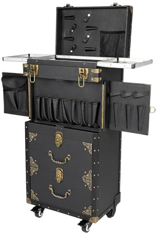 Konfiur Carrello da parrucchiere, trolley da lavoro a 4 livelli, rettangolare, per il trucco, grande organizzatore cosmetico, valigetta per unghie con manico, ruote universali, 39 x 25,5 x 82 cm,