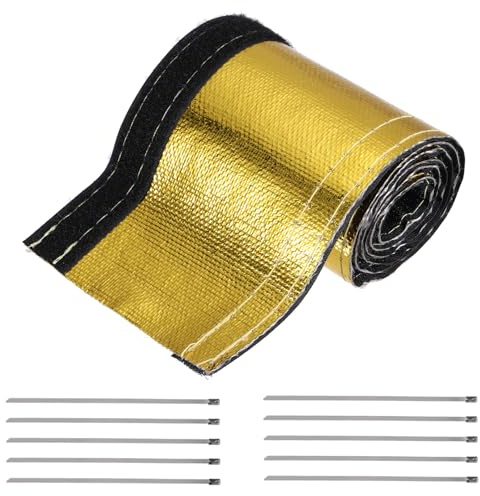 QUARKZMAN Calore Rivestimento Manicotto Alluminato Oro Guaina 25mm 1 ID x 100cm 3,3FT Calore Cavo Guaina per Tubo Filo Calore Protezione con Gancio e Occhiello 10pz Acciaio Inox Fascette
