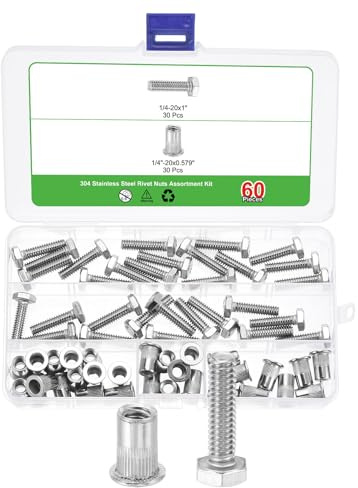 sourcing map 60Pcs Rivet Nut Flat Head, 1/4-20 Knurled Rivet Nut with Hex Head Bolt Stainless Steel 304 Threaded Insert Nuts