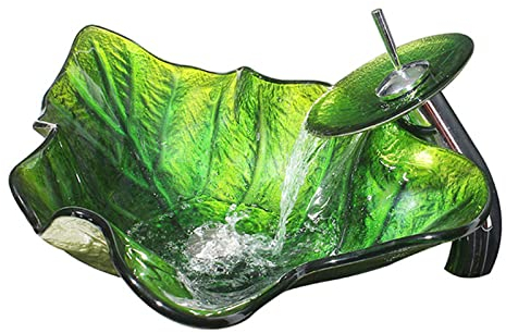 ABNNHK Waschbecken fürs Badezimmer, grünes Blattform, Garderobe, gehärtetes Glas, Aufsatzwaschbecken, Badezimmer-Aufsatzwaschbecken mit Heißschmelzfarbe, Rot (Grün) (Grün)