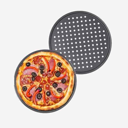 MUVELL Pizzableche 2 Stück - Ø 28 cm rund | gelochtes Pizzabackblech | Backblech für Pizza, Flammkuchen, Lahmacun und Pommes | langlebig, leicht, stapelbar