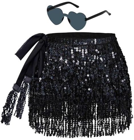 Glitterkjol, damer, franskjol, glitter, med hippie-glasögon, mini, latinkjol, kort, magdans, kostym, rave, kostym för kvinnor, flickor, svart, Einheitsgröße