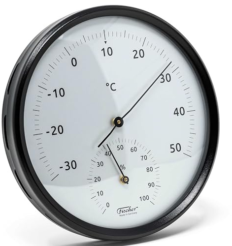 Fischer 186TH-06, Thermo-Hygrometer, Edelstahl schwarz, Made in Germany | Bimetall-Thermometer und Hygrometer, Messbereich 0-100 % r. F., Genauigkeit ± 5 % r. F., 160mm Durchmesser