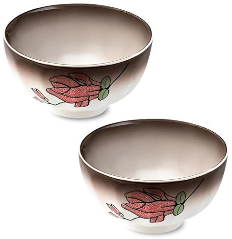 Ensemble de Bols à céréales en céramique et Porcelaine, Bols à Petit-déjeuner de 250 ML, Bols à Soupe, Bol à Riz, Passe au Micro-Ondes - Fleur Rouge - Lot de 2