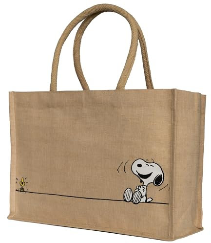 Kanguru Tote Bag Line Snoopy in Jute and Cotton with Inner Pocket, Reusable Shopper Canvas Bag, for Travel, Lunch, Birthday Gifts for Women, Gift for Her, Mum, Teachers, Friends, Beige