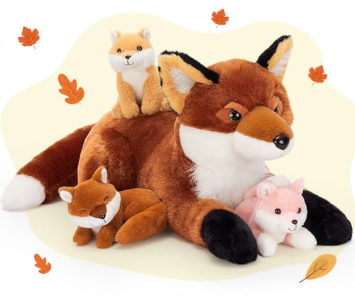 MorisMos 4 stücke Fuchs Kuscheltier XXL Set, 55cm riesen Fuchs Kuscheltier mit 3 Babys im Bauch, groß Plüschtier Stofftier, Foxteddy als Geschenk für Kinder Baby