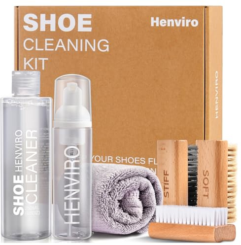 Henviro Shoe Cleaner Kit for Sneaker - 8.5 Oz Shoe Cleaning Kit with Shoe Brushes & Towel, White Shoe Sneaker Cleaner Kit, Suede Shoe Cleaner for Suede Mesh Leather Knit, and Most Materials