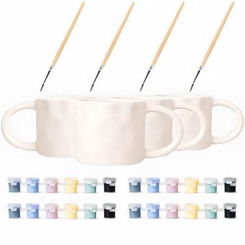 Weiße Keramik Tasse zum Bemalen Set - DIY Mug Painting für Erwachsene und Kinder, 4 Teiliges Kaffeebecher Set 200ml
