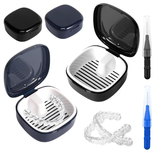 Lot de 2 boîtes pour appareil dentaire, prothèses dentaires, avec tamis, conteneur pour gouttière dentaire, pour le nettoyage des fausses dents, boîte de rangement avec récipient suspendu pour