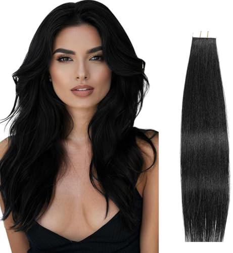 Tape in Hair Extensions Human Hair Echthaar Extensions Seamless Remy Hair Extensions Invisible Straight Tape in Hair Extension Human Hair Glatt Haarverlängerung (1B, 26Zoll(65cm)-50g)