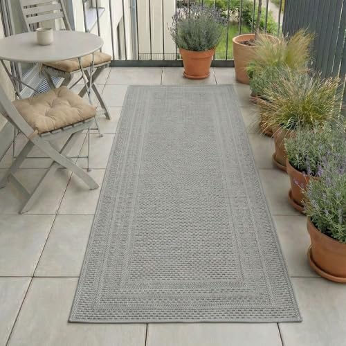 Carpetsale24 Outdoor Teppich Grau 80x250 cm Läufer, Wetterfest & UV-beständig, ideal für Küche, Balkon, Terrasse auch Wohnzimmer und Esszimmer, Einfarbiges Design mit Bordüre, Leicht zu Reinigen