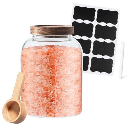Gzsekken Bath Salt Container,1.2L Glass Bath Salt Jar with Scoop & Wooden Lid,Airtight Bath Bomb Storage Dispenser, Bathroom Decor and Accessories Large Bath Tub Jars for Women
