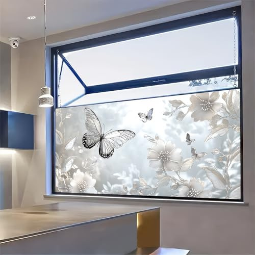 BlissYard Floral and Butterfly Stained Glass Window Film, 39.3x17.7 Inches, Privacy, UV Protection, Static Cling, PVC Material