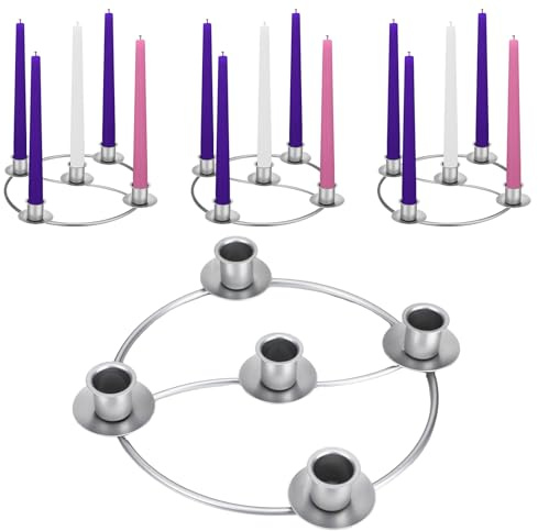 LemonRoad 4 Pcs Christmas Advent Wreath Ring 5 Candle Holder Sliver Round Shape Advent Ring Candle Holder Metal Table Decoration for Taper Xmas Festival Home Centerpiece Decor