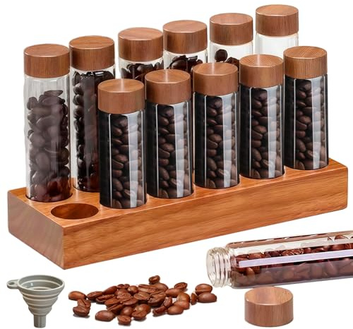 WANDGU - Caja de café de dosis única: 12 cajas de vidrio con soporte de madera y embudo, herméticas, para espresso, té, especias, 17 g - 21 g