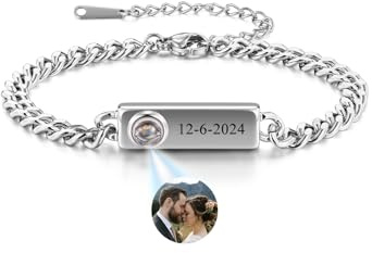 PiercingJak Bild Projektion Armband mit Foto im Stein Herren Damen Armkette 6mm Breit Panzerkette Kubanische Kette Armbänder Edelstahl Armreif Personalisierte Geschenke für Mann Frauen