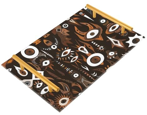 Plateau rectangulaire décoratif marron avec poignées de style marocain bohémien, monstres, plateau de service pour bijoux, parfum, nourriture décorative, charolas para decoracion