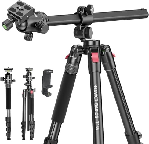 NEEWER BASICS 64.5 Horizontal Overhead Tripod with Ball Head/Cell Phone Holder Compatible with iPhone Video Recording, Aluminum Travel Stand Camera Monopod, 360° Pan 180° Tilt 22lb/10kg Load, TP66