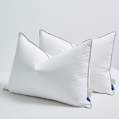ROSE FEATHER Goose Down Pillows Queen Size Set of 2, 3-Chamber Cervical Neck Support Down Feather Pillow 100% Soft Cotton Cover Luxury Hotel Bed Goose Feather Pillows (Queen (Pack of 2))
