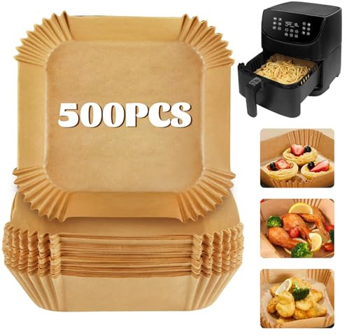 STARVAST 500 Pièces Papier Cuisson Air Fryer, Papier Sulfurisé pour Air Fryer Carré Naturel, Fond 20 cm Ouverture 24 cm, Moule Papier Air Fryer et Feuille Air Fryer pour Friteuse Sans Huile
