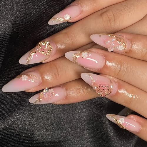 24 unghie corte a mandorla a pressione sulle unghie, set completo in acrilico con fascino floreale e unghie finte a mandorla