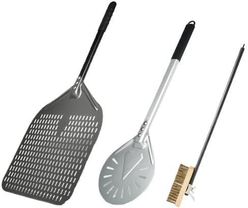 SkyjOy Pelle Pizza Pelle à Pizza perforée de 14/13/12 Pouces, Pelle à Pizza rotative en Alliage d'aluminium et Brosse de Nettoyage for Four, Outil à Pizza Court Pelle A Pizza(14inch 9inch Brush)