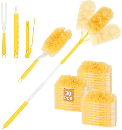 Freyeeti 30 Pezzi Piumini Cattura Polvere Compatibile con Swiffer Duster, 360°Kit per Spolverare Elettrostatico con Manico e Palo Telescopico, per Capelli, Polvere, Sporco