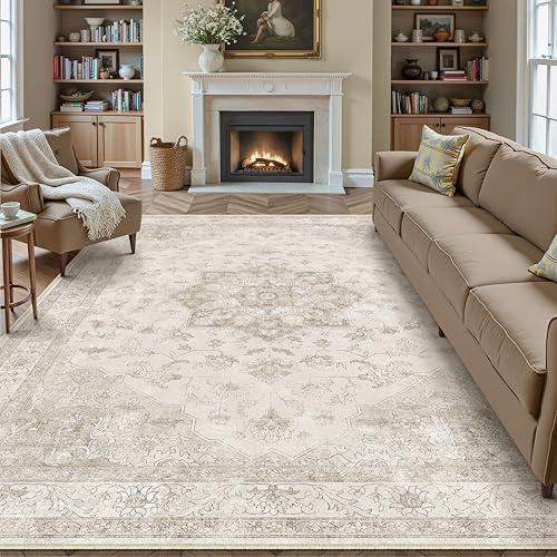 PureCozy Vintage Vardagsrum Matta 300 x 400 cm Stor Beige Mattor Tvättbar Halkfri Golvmatta Sovrum Rug Matsal Kontor Utomhus Barnrum Balkong Rugs Mjuk Kort Lugg Carpet