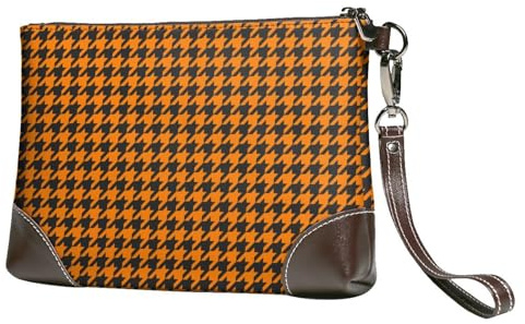 GVYGVY Petit sac à main pour femme – Portefeuille portable en cuir avec dragonne, imprimé pied-de-poule noir et orange