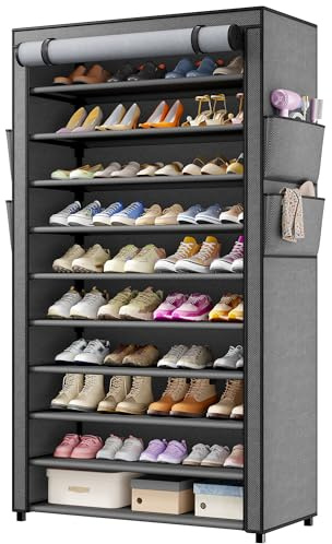 Schuhregal 11 Ebenen, Schuhschrank Hoch mit Sichtbarer Staubdichter Überzug | für 35–50 Paare Schuhe, 30-cm-Tiefe bis EU 47, Stabiler Schuhschrank Schmal, Ideal für Flur, Wohnzimmer, Schlafzimmer, grau