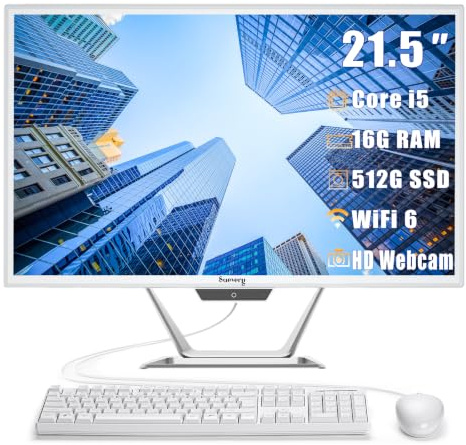 suevery 21.5 Inch All-in-One PC Desktop, Core i5 16GB RAM 512GB SSD, 22 FHD 1080P Display Computer, WiFi 6 HDMI USB, HD Webcam, Compact AIO for Home Office Business Daily Use with Keyboard & Mouse